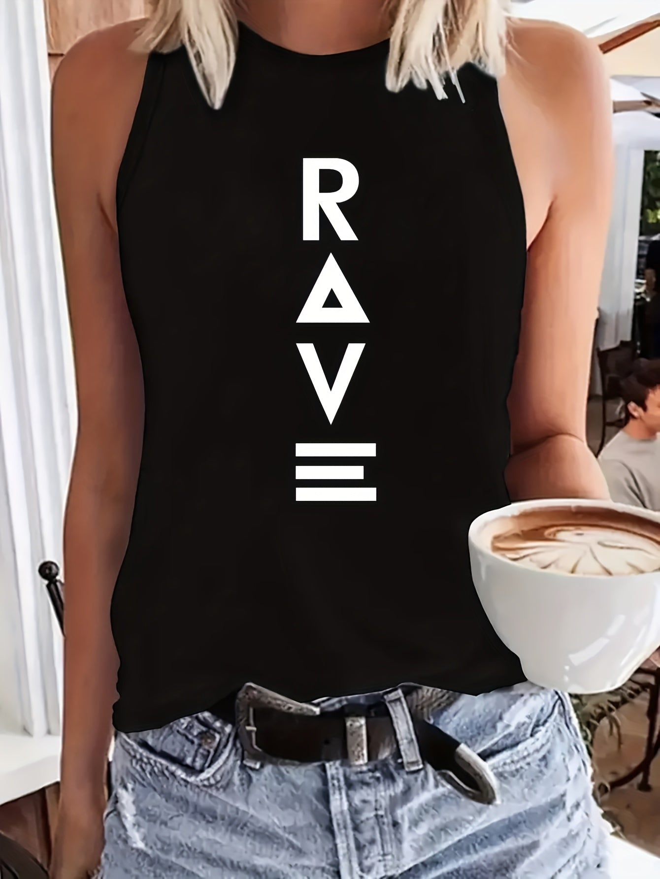 Women'S Casual RAVE Graphic Tank Top - Sleeveless, Round Neck, Light Brown with White Lettering, All-Season Fashion, Casual Attire|Bold Lettering Top|Durable Fabric