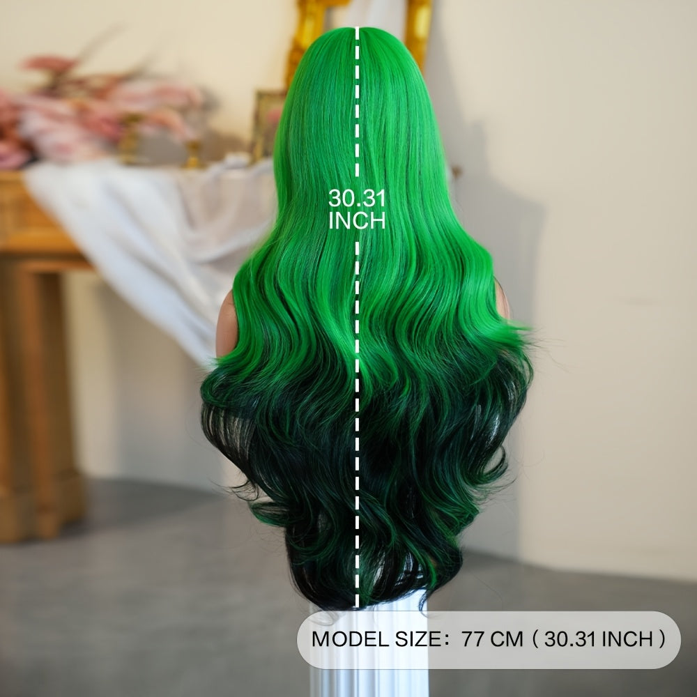 [Halloween Dress Up Wigs] Long Loose Curly Ombre Green Wigs with Bangs | High Density Fluffy Highlight Black Halloween Dress Up Wigs for Women - 30 Inches, Cosplay Accessory, Party Wig, Bangs Wig, Ombre Hairstyle, Durable, Li