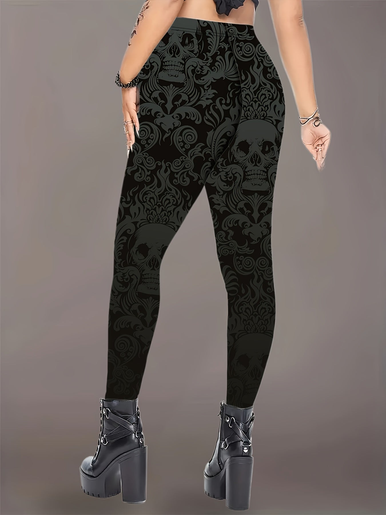 [Gothic Bohemian Leggings] Plus Size Gothic Bohemian Skull Print Leggings - High-Waisted Stretchy Pants with Elastic Waist & Thigh Print, All-Season Machine Washable Black & White Gothic Design for Casual & Statement Outfits