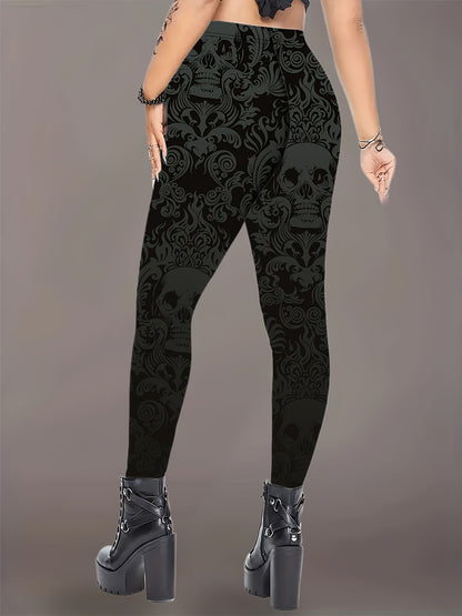 [Gothic Bohemian Leggings] Plus Size Gothic Bohemian Skull Print Leggings - High-Waisted Stretchy Pants with Elastic Waist & Thigh Print, All-Season Machine Washable Black & White Gothic Design for Casual & Statement Outfits