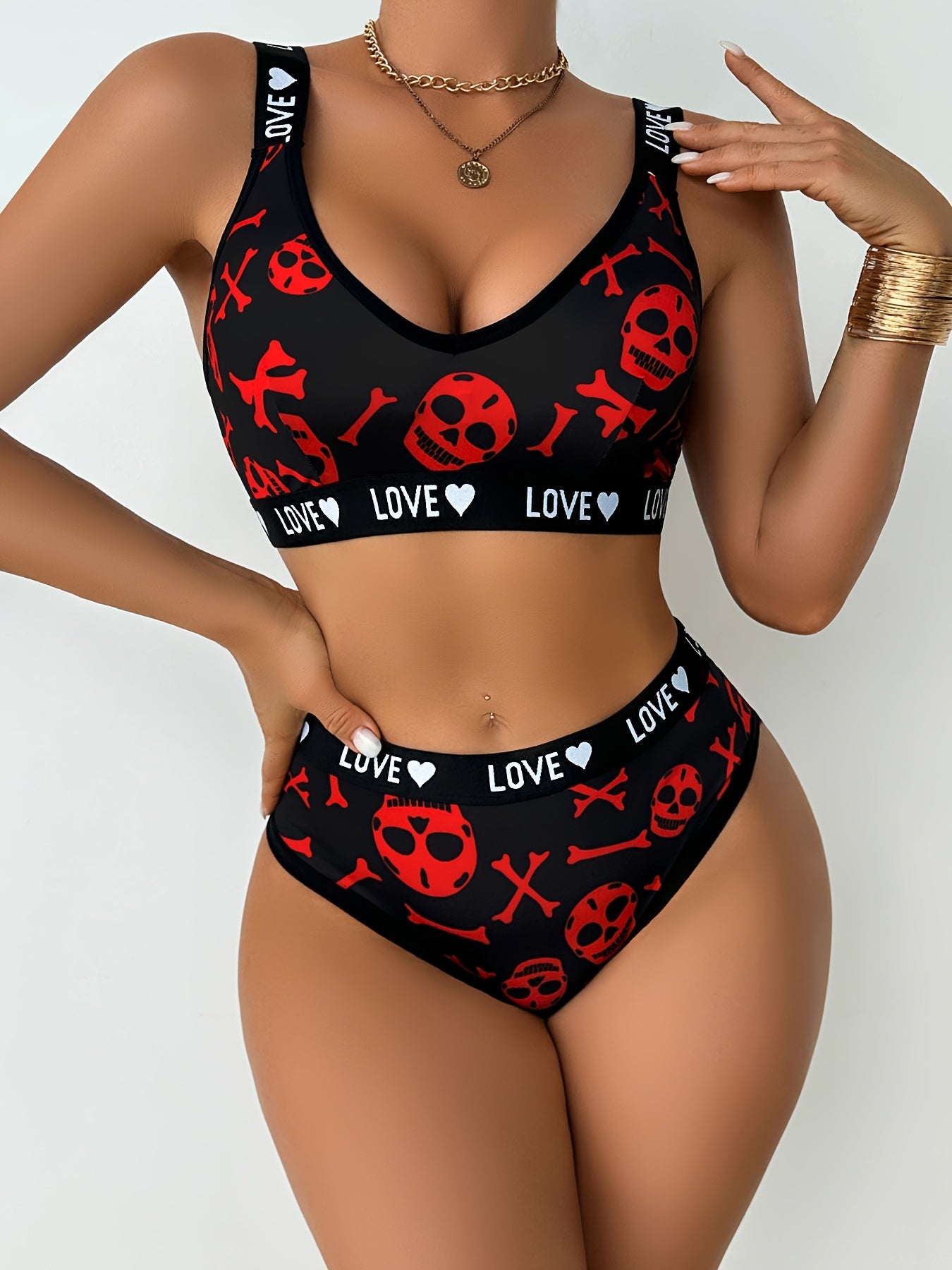 1 Set Sexy Skull Head Women'S Bra and Panties, Black with Red Heart and Skull Design, Medium Support, No Padding, Mid Rise, Adult Lingerie Set, Adult Lingerie|Playful Design|Strapless Bra