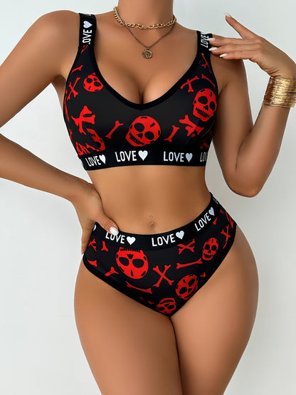 1 Set Sexy Skull Head Women'S Bra and Panties, Black with Red Heart and Skull Design, Medium Support, No Padding, Mid Rise, Adult Lingerie Set, Adult Lingerie|Playful Design|Strapless Bra