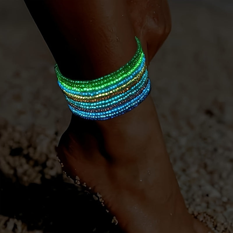 10pcs Bohemian Cute Glow-in-the-Dark Colorful Seed Bead Anklets, Elegant Everyday Jewelry Accessories For Beach Outings