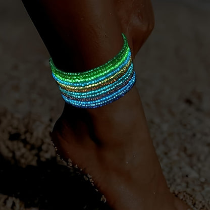 10pcs Bohemian Cute Glow-in-the-Dark Colorful Seed Bead Anklets, Elegant Everyday Jewelry Accessories For Beach Outings