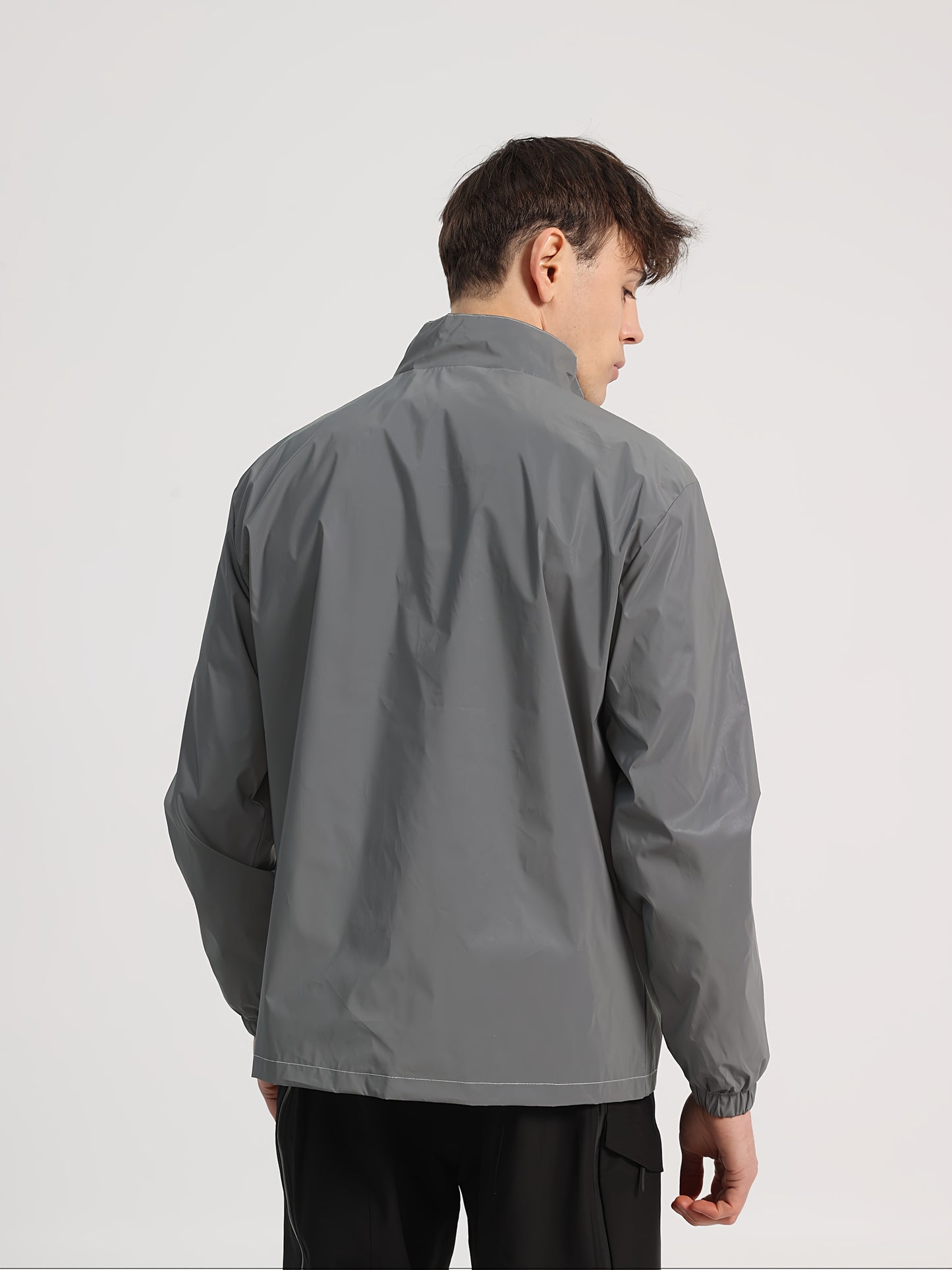 Men's Lightweight Windproof Softshell Jacket with Reflective Accents - Stand Collar Cycling Coat for Night Riding, Hiking & Running, Full-Zip Outdoor Casual Coat, Regular Fit, Spring/Autumn, Solid Color, Mountain Bike Clothes