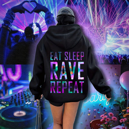 Plus Size, Women's Plus Size "EAT SLEEP RAVE REPEAT" Graphic Hoodie - Music Festival Print with Colorful Lights & DJ Design, Cozy Drawstring Hooded Sweatshirt for Winter & Autumn, Machine Washable Casual Pullover