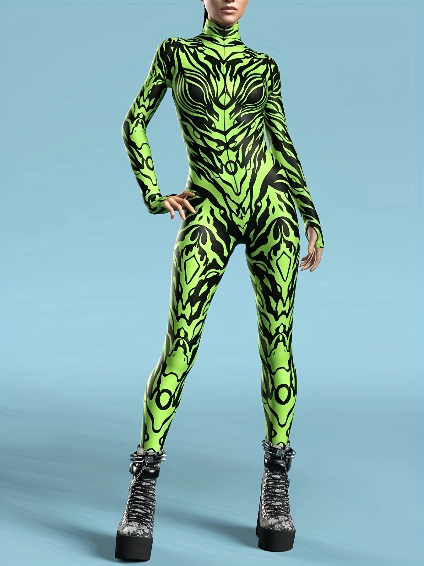 ENNMEI Women's Sexy Long Sleeve Bodycon Jumpsuit - Neon Green Geometric Print, Stretchy & Machine Washable, All-Season Party & Performance Outfit, Festive Attire, Sensual Apparel, Sleek Fit