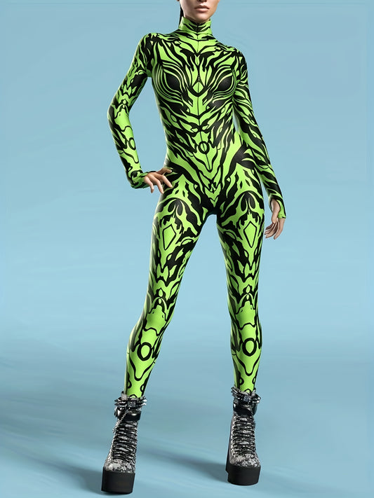 ENNMEI Women's Sexy Long Sleeve Bodycon Jumpsuit - Neon Green Geometric Print, Stretchy & Machine Washable, All-Season Party & Performance Outfit, Festive Attire, Sensual Apparel, Sleek Fit