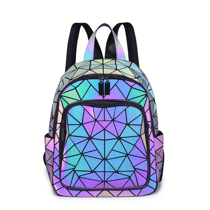 FOUPOOM Women's Geometric Iridescent Backpack - Color-Shifting Reflective PVC Bag with Adjustable Straps & Multiple Pockets, Casual Daypack for Teens,, Birthdays, Backpack for, Student Essentials, Trendy Design, Practical Poc
