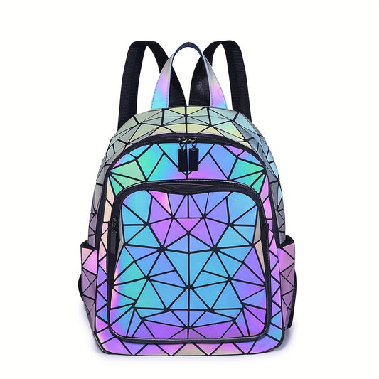 FOUPOOM Women's Geometric Iridescent Backpack - Color-Shifting Reflective PVC Bag with Adjustable Straps & Multiple Pockets, Casual Daypack for Teens,, Birthdays, Backpack for, Student Essentials, Trendy Design, Practical Poc
