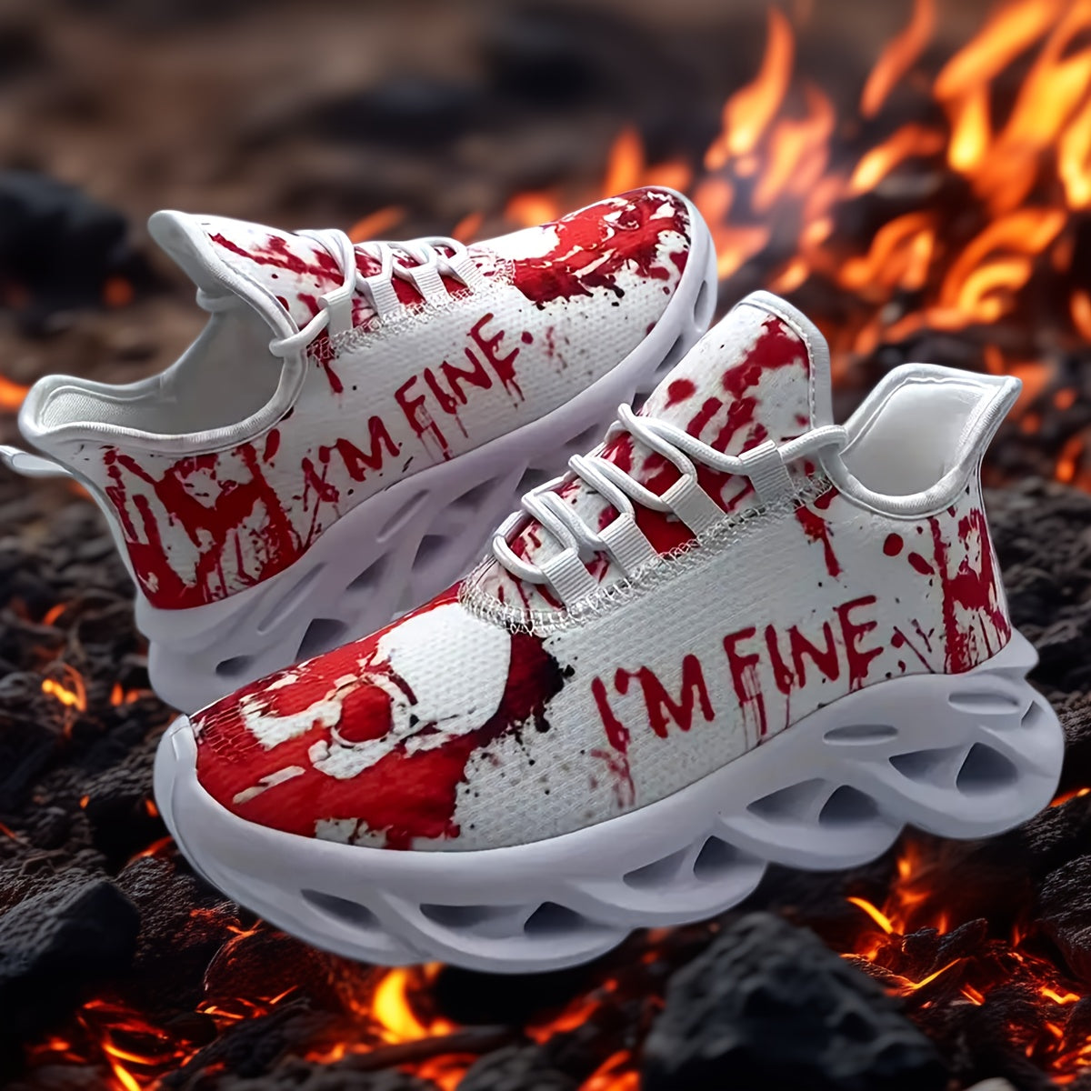 Men'S Halloween Sneakers - Blood Splatter Skull Design, Lightweight MD Sole, Breathable Fabric, Lace-Up Training Shoes for Gym, Streetwear, Parties - Red & White Gothic Style, All-Season Casual Wear, Bold Print, Fashionable T