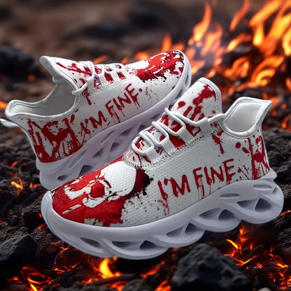 Men'S Halloween Sneakers - Blood Splatter Skull Design, Lightweight MD Sole, Breathable Fabric, Lace-Up Training Shoes for Gym, Streetwear, Parties - Red & White Gothic Style, All-Season Casual Wear, Bold Print, Fashionable T