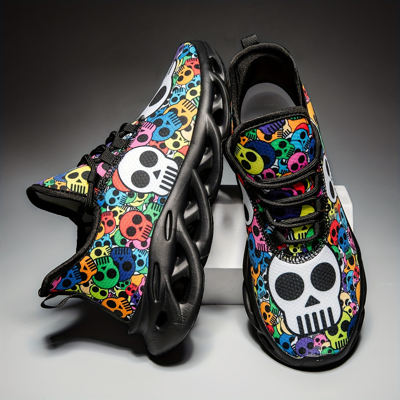 Stylish Skull Print Sneakers - Ultra-Breathable, Shock-Absorbing, Lightweight Running Shoes with EVA Insole for All-Season Comfort - Halloween-Inspired, Casual, Lace-up Athletic Footwear for Men