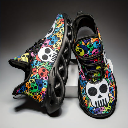 Stylish Skull Print Sneakers - Ultra-Breathable, Shock-Absorbing, Lightweight Running Shoes with EVA Insole for All-Season Comfort - Halloween-Inspired, Casual, Lace-up Athletic Footwear for Men