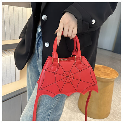Halloween Women'S Bat Wing Spider Web Handbag - Lightweight Synthetic Faux Leather Tote with Geometric Spider Web Design, Zipper Closure & Detachable Strap, Gothic Style for Daily Use or Party Outfits, Durable Polyester Linin