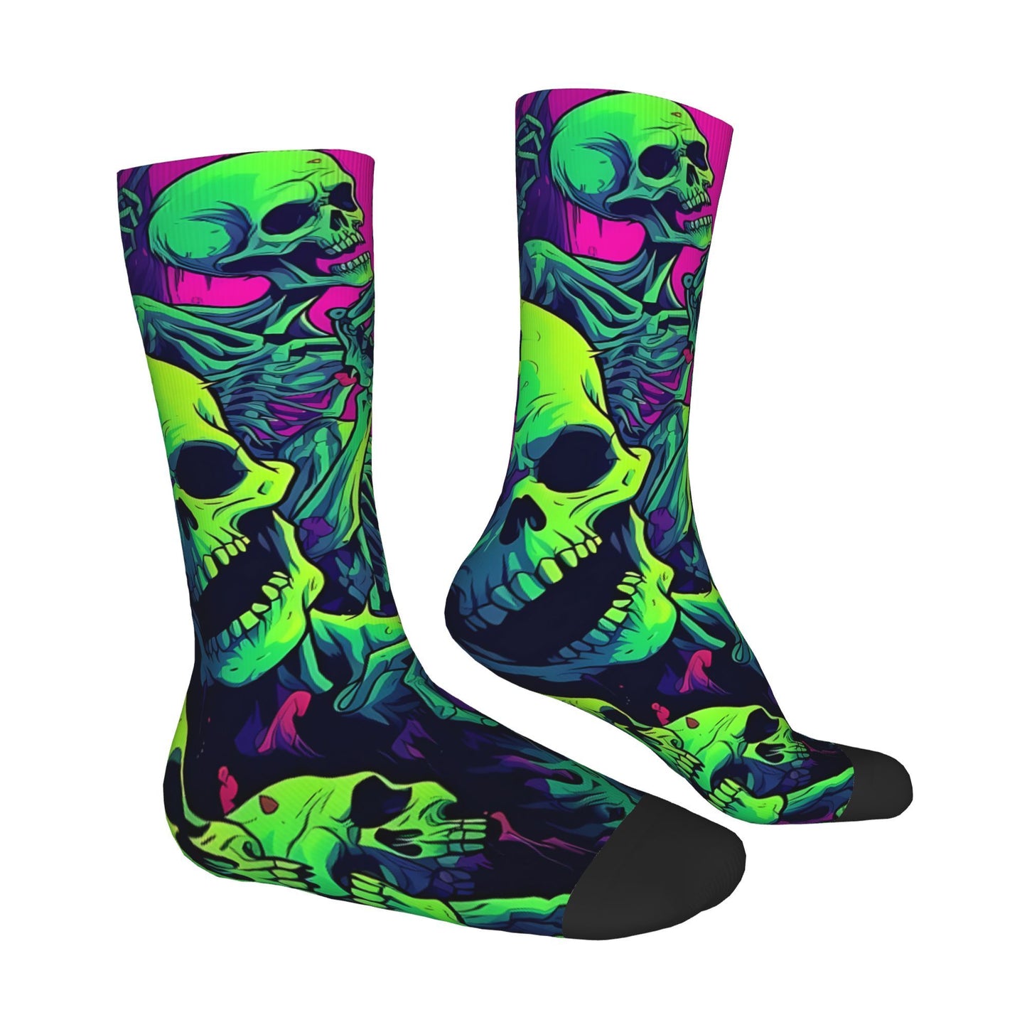 1 Pair Men's Neon Skeleton Knee-High Socks - Vibrant, Colorful Dancing Skeletons Pattern, Novelty Crew Socks, Polyester & Elastane Blend, Hand Wash Recommended, Novelty Socks | Skeleton Print Socks | Stretchy Fabric Socks