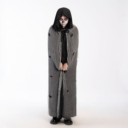 Halloween Witch Cloak Skull Clothes Mask Script Kill Ghosthouse Chamber Dress up Zombie Costume, Black Hooded Skull Mask with Glowing Eyes, Long Flowing Cape & Chains