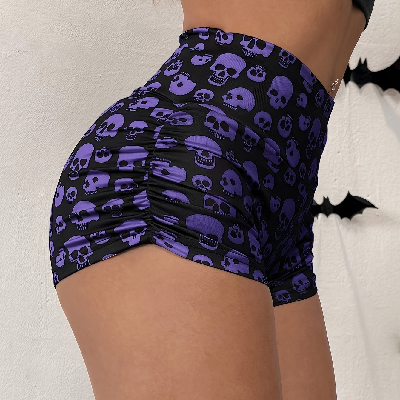 Y2K Skull Print High-Waisted Shorts for Women - Stretchy, Non-See-Through, Black with Purple Skulls & Roses Design, Comfortable Casual Shorts for Casual Attire, High Waisted Shorts