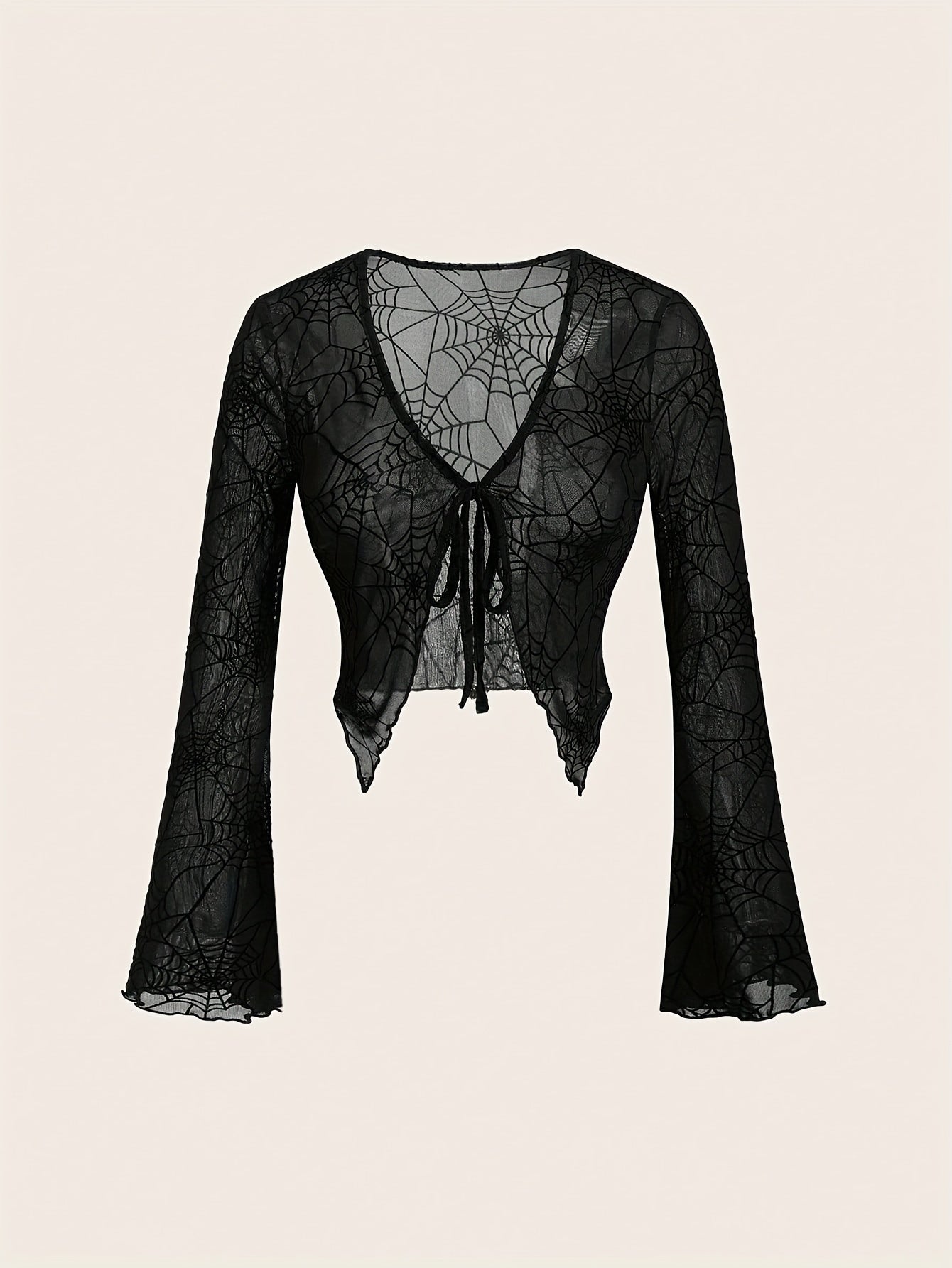 [Gothic Spider Web T-Shirt] Gothic Style Women's Long Sleeve T-Shirt | Halloween Theme, Elegant Party, Role Play Costume, Festival Attire | Spider Web Pattern V-Neck Top with Front Tie Design, Four Seasons Suitable, Air Condi