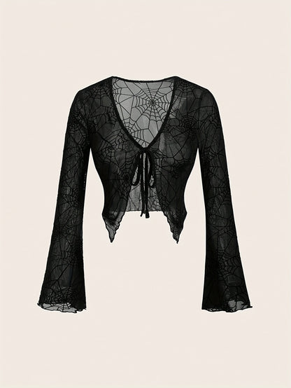 [Gothic Spider Web T-Shirt] Gothic Style Women's Long Sleeve T-Shirt | Halloween Theme, Elegant Party, Role Play Costume, Festival Attire | Spider Web Pattern V-Neck Top with Front Tie Design, Four Seasons Suitable, Air Condi