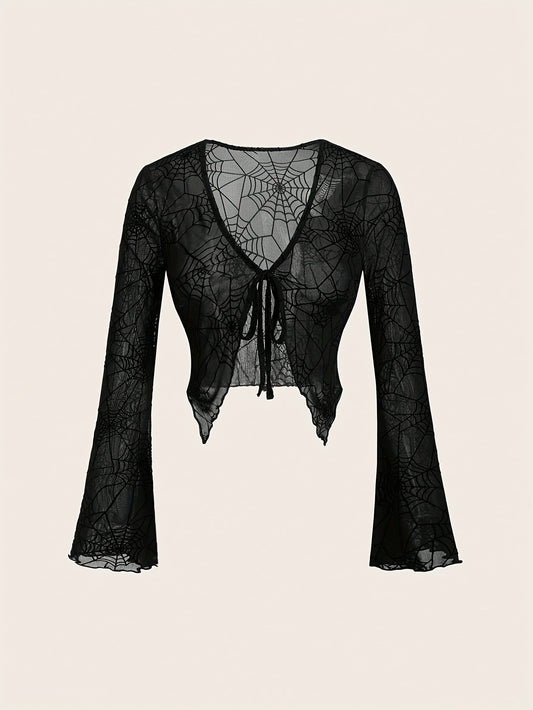 [Gothic Spider Web T-Shirt] Gothic Style Women's Long Sleeve T-Shirt | Halloween Theme, Elegant Party, Role Play Costume, Festival Attire | Spider Web Pattern V-Neck Top with Front Tie Design, Four Seasons Suitable, Air Condi