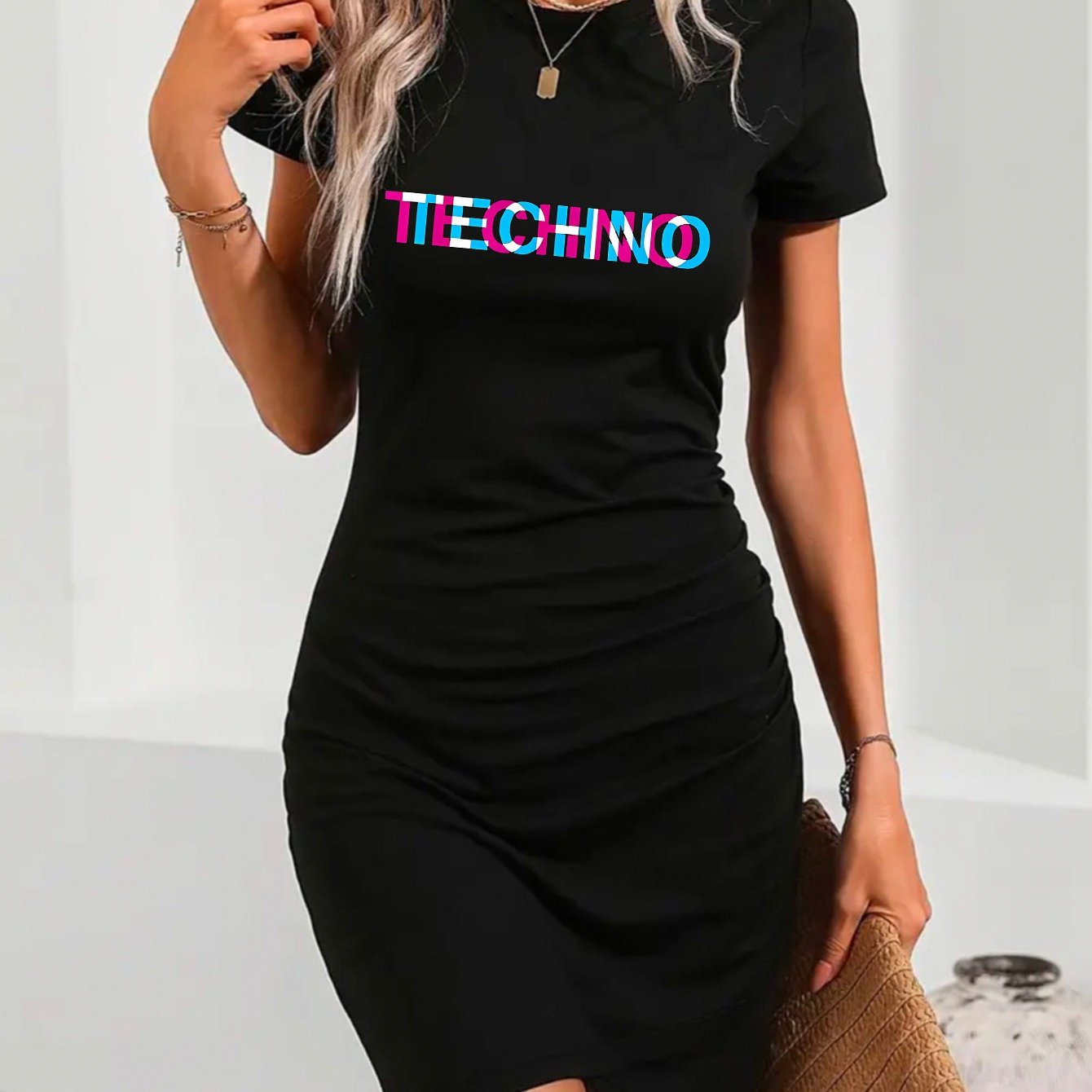 1pc Women'S Elegant "TECHNO" Print T-Shirt Dress - Short Sleeve, Solid Black, Stretchy Polyester, Loose Fit, Machine Washable, Perfect for Spring & Summer Casual Wear, Everyday Elegance | Minimalist Dress | Medium Stretch Com
