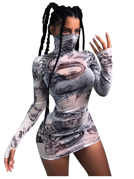 Women's Y2K Fashion Dragon Print Semi-Sheer High Neck Sleeve Bodycon Dress - Stretchy Machine Washable All-Season Versatile Fit, Trendy Outfit, Formfitting Style, Medium Elasticity, Streetwear Style, Comfortable Fit, Trend Fo