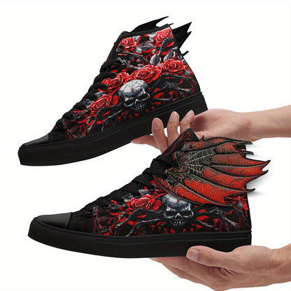 [Gothic Punk Sneakers] Gothic Punk Sneakers for Men - High-Top Shoes with 3D Red Flame Skull & Wing Design | Lace-Up Closure for Halloween, Gothic Parties, Everyday Streetwear | All-Season Comfortable, Casual Sport, Horror Ae