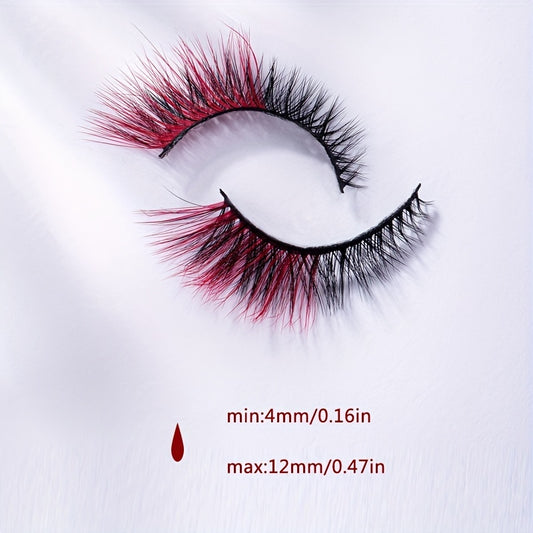 7 Pairs of False Eyelashes in Red And Black Mixed Colors, with Elongated Cross Design at The Outer Corners, 12Mm Length, Perfect for Festive Costumes for Christmas And Halloween, Model HX-2321. -Rainbow