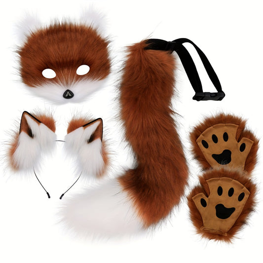 [Halloween Christmas] 4pcs Set, Adjustable Faux Fox Fur Mask Costume - Bendable Tail, Ears Headband and Gloves - Halloween/Christmas Role Play, Carnival Party, Without Battery