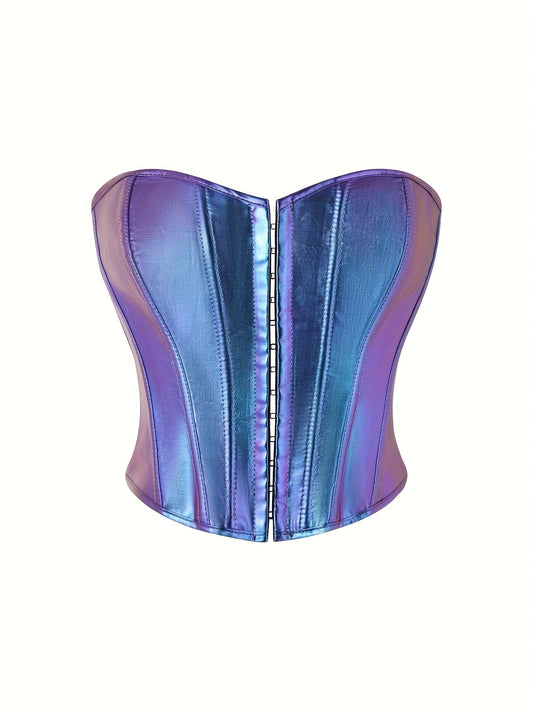 Gradient Purple to Blue Iridescent Corset Top - Lace-Up Back, Push-Up Shapewear for Women, Glossy Finish, Polyester & Elastane Blend, Hand Wash Only, Formfitting Shapewear | Laceup Closure | Smooth Texture