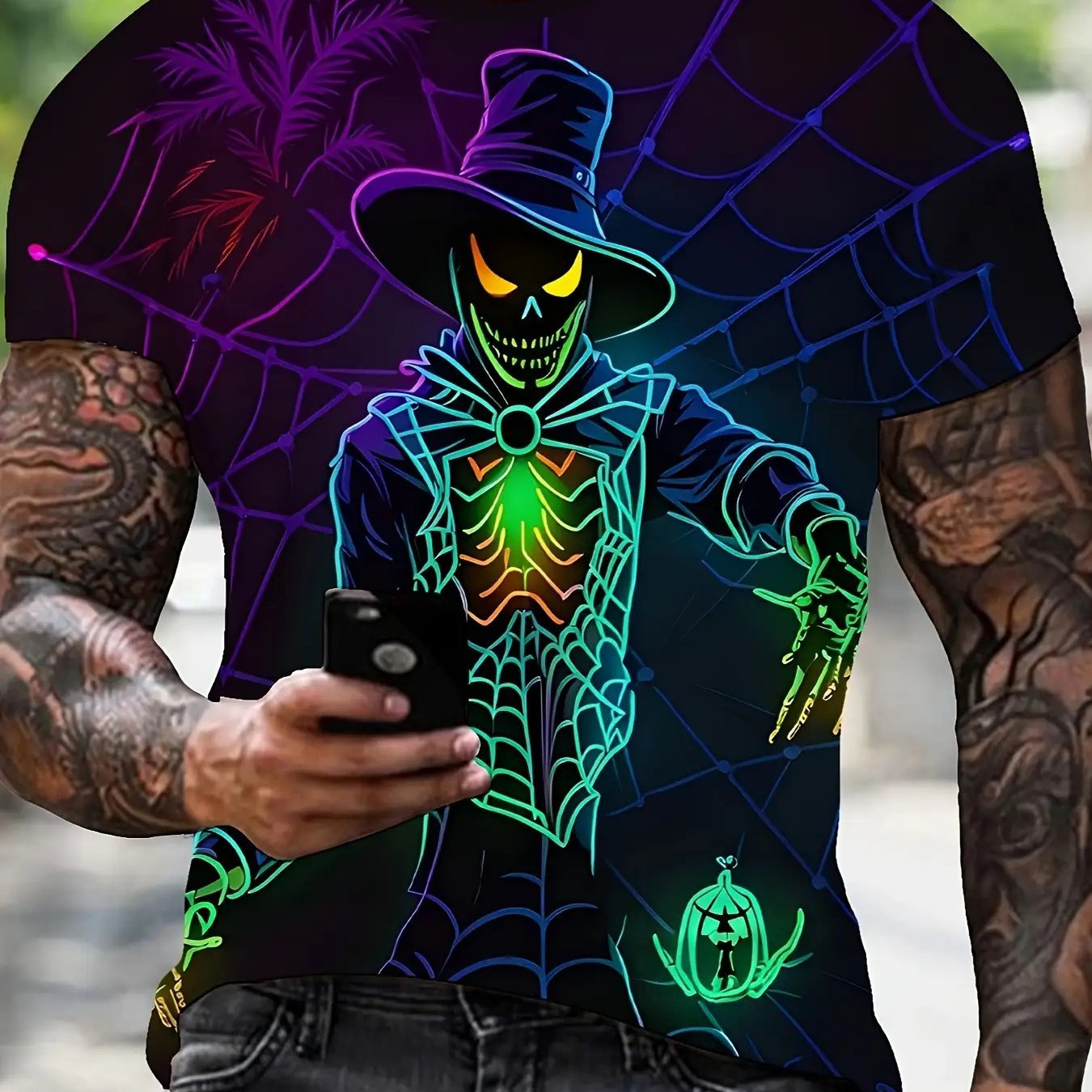 [Glow In Dark Halloween Tee] Glow In Dark Men's Halloween T-Shirt | Spider Web Monster Graphic Tee with Purple/Black/Teal Glow - Lightweight Knit Fabric, Regular Fit for Costume Parties, Casual Attire, Halloween Outfits, Part