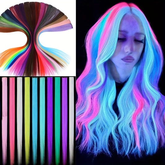 10pcs Glowing Clip-In Synthetic Hair Extensions 20-Inch Colorful Neon Glow-in-the-Dark Wigs, Easy-to-Wear Clip Design, Smooth Soft Texture, Women'S Daily Fashion Accessory for Halloween New Year Parties