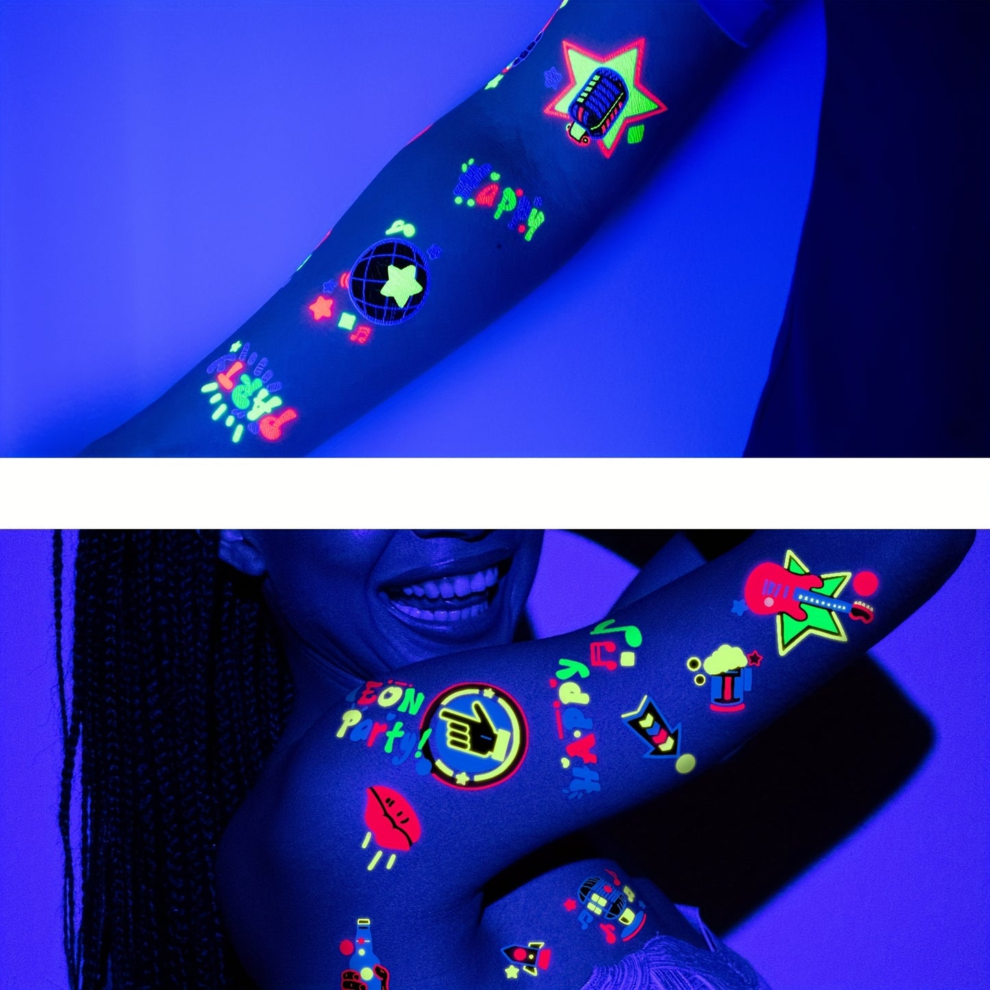 120pcs Glow in the Dark Neon Temporary Tattoos - Waterproof Fluorescence, Rock & Roll Disco Party Supplies for Women, Men, and Adults - Vibrant Fluorescent Tattoo Stickers for Makeup and Rave Events, Party Makeup | Vibrant Ta