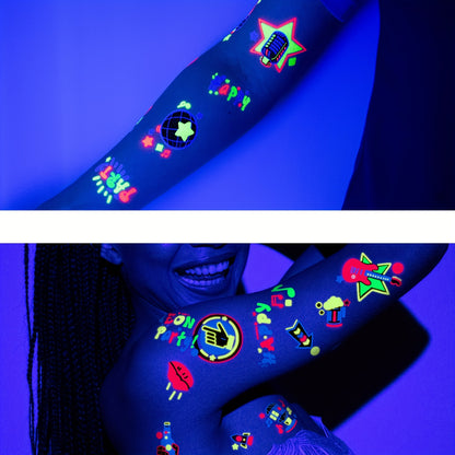 120pcs Glow in the Dark Neon Temporary Tattoos - Waterproof Fluorescence, Rock & Roll Disco Party Supplies for Women, Men, and Adults - Vibrant Fluorescent Tattoo Stickers for Makeup and Rave Events, Party Makeup | Vibrant Ta