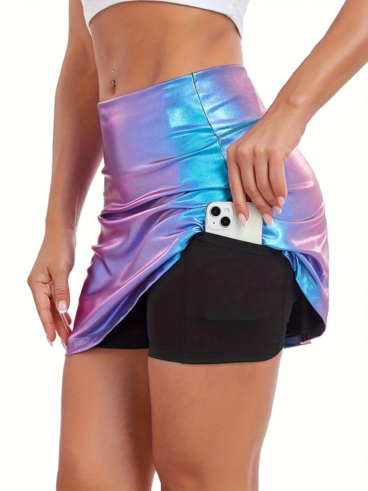 Women'S Shiny Rainbow Reflective Mini Skirt, Fashionable Metallic Finish, Perfect for Dance Festivals & Parties, Medium Stretch Fabric, Split Detail, Seasonal Fashion | Sleek Skirt | Fashionable Design
