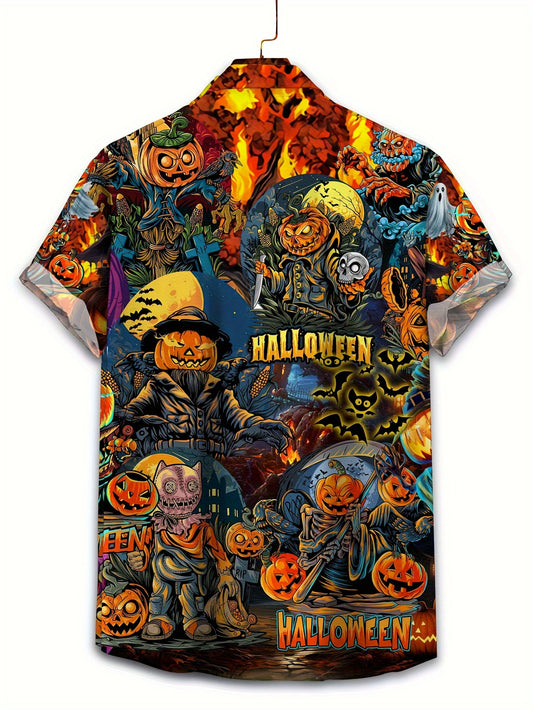 Plus Size Men's Casual Halloween Zombie Pumpkin Print Hawaiian Shirt