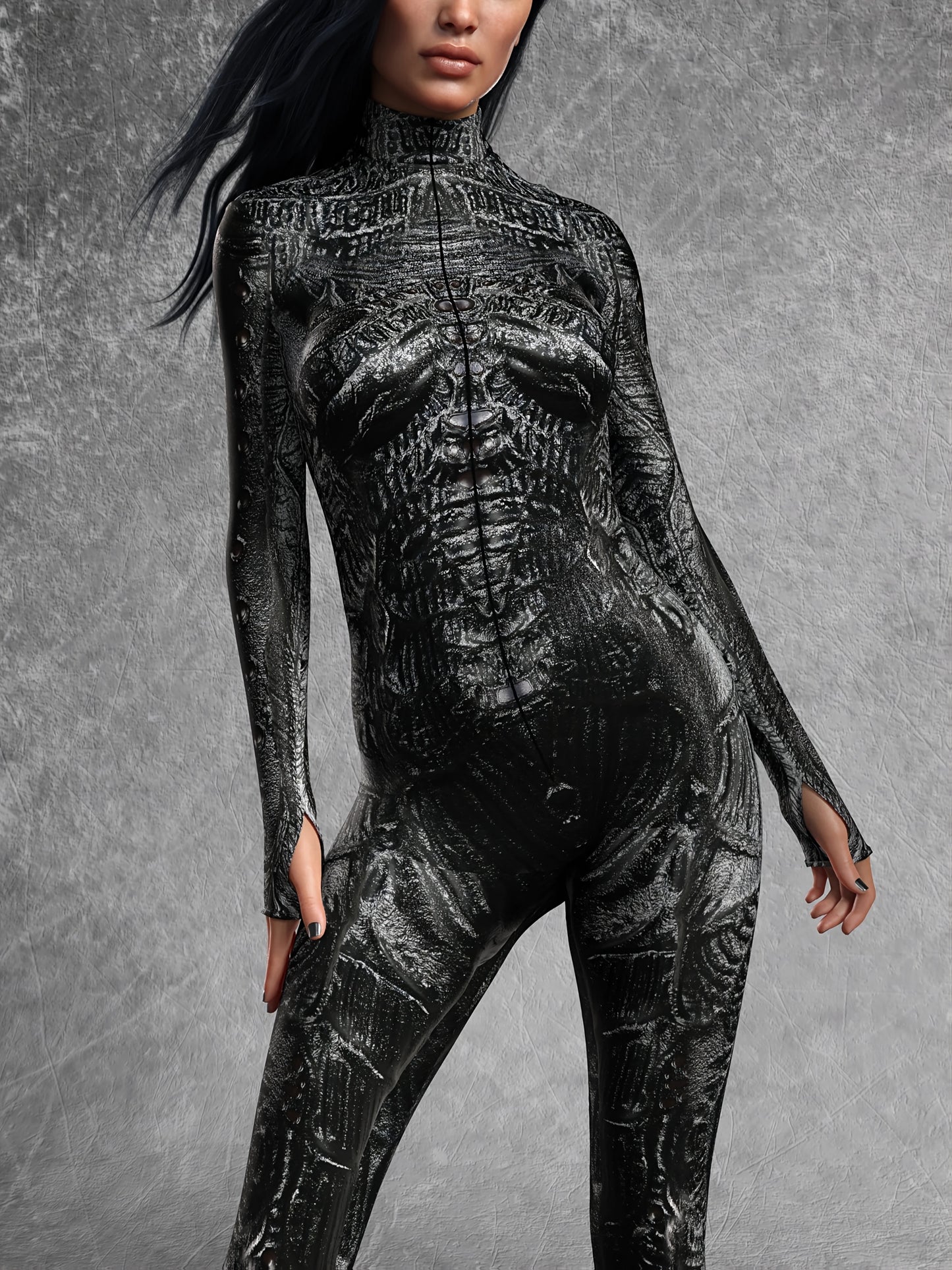 [Burning Zombie Art Bodysuit] Stretchy, Form-Fitting Women's Burning Zombie Art Bodysuit - High Neck Long Sleeve with Zipper Detail, Black & Red Print for Halloween, Parties, Cosplay & Themed Events, Halloween Costume, Themed