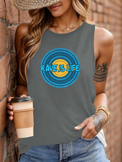 Rave Is Life Women's Sleeveless Vest - Vibrant Red Geometric Circular Design, Casual Round Neck, Machine Washable All-Season Wear for Festivals, Parties & Everyday Outfits, Rave Accessories, Festival Outfit, Bold Graphic, Lig
