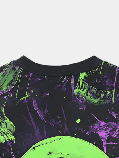 [Breathable Knit Fabric] Men's Plus Size 3D Skull Print T-Shirt - Breathable Knit Fabric, Black with Neon Green Skull Design, Regular Fit Casual Summer Outdoor & Casual Attire, PLUS Size