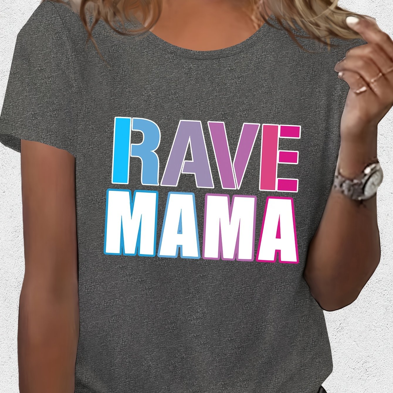 Women'S "Rave Mama" Graphic Tee - Black Casual Summer T-Shirt with Colorful Lettering, Short Sleeve, Round Neck, Lightweight Polyester Blend, Perfect for Festivals & Casual Attire, Festival Clothing | Playful Design | Comfort