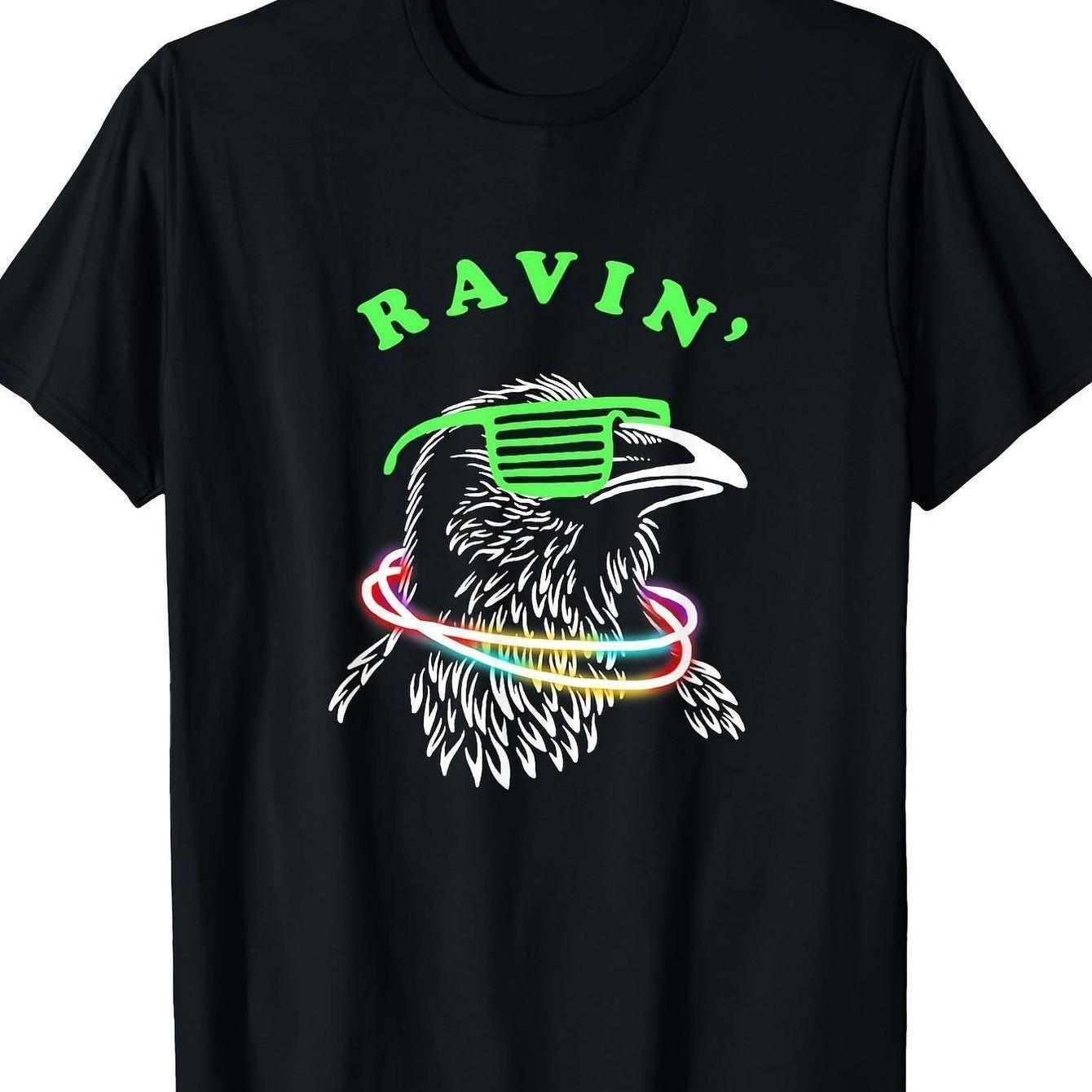 Men's & Women's Rave Party T-Shirt - Neon Bird Graphic Tee with RAVIN' Text - Heavyweight 180gsm Cotton Shirt - Glow-in-the-Dark Party Outfit - Machine Washable Black Clubwear - Sizes S-XXXL - Fun Gift for Concerts, Festivals