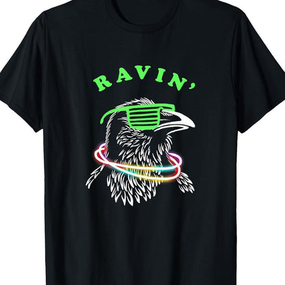 Men's & Women's Rave Party T-Shirt - Neon Bird Graphic Tee with RAVIN' Text - Heavyweight 180gsm Cotton Shirt - Glow-in-the-Dark Party Outfit - Machine Washable Black Clubwear - Sizes S-XXXL - Fun Gift for Concerts, Festivals