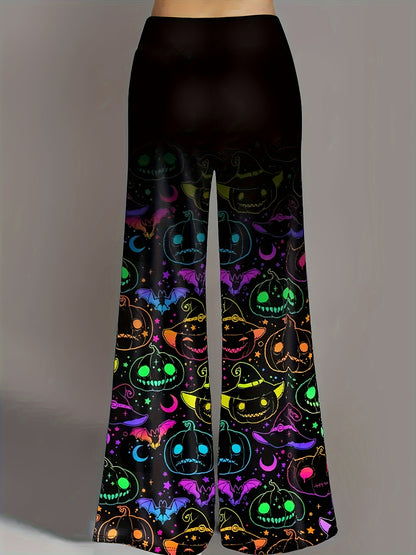 Women's Halloween Wide-Leg Pants - Plus Size Vibrant Geometric Pumpkin & Bat Print on Black Background, Casual Comfort Fit for Halloween Parties & Casual Attire, Halloween Clothes, Seasonal Clothing, Festive Apparel, Charming