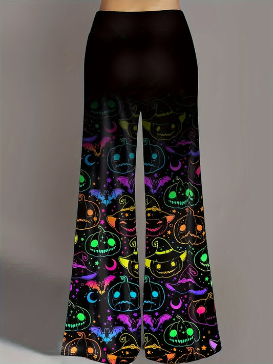 Women's Halloween Wide-Leg Pants - Plus Size Vibrant Geometric Pumpkin & Bat Print on Black Background, Casual Comfort Fit for Halloween Parties & Casual Attire, Halloween Clothes, Seasonal Clothing, Festive Apparel, Charming