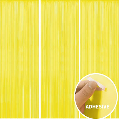 3pcs Glow in The Dark Party Supplies - UV Reactive Neon Macaron Yellow Tinsel Foil Fringe Streamers, 198.12x99.06 cm Plastic Photo Booth Backdrop Decor for Birthday, Graduation, Spring & Summer Parties, Party Decorations, Fes
