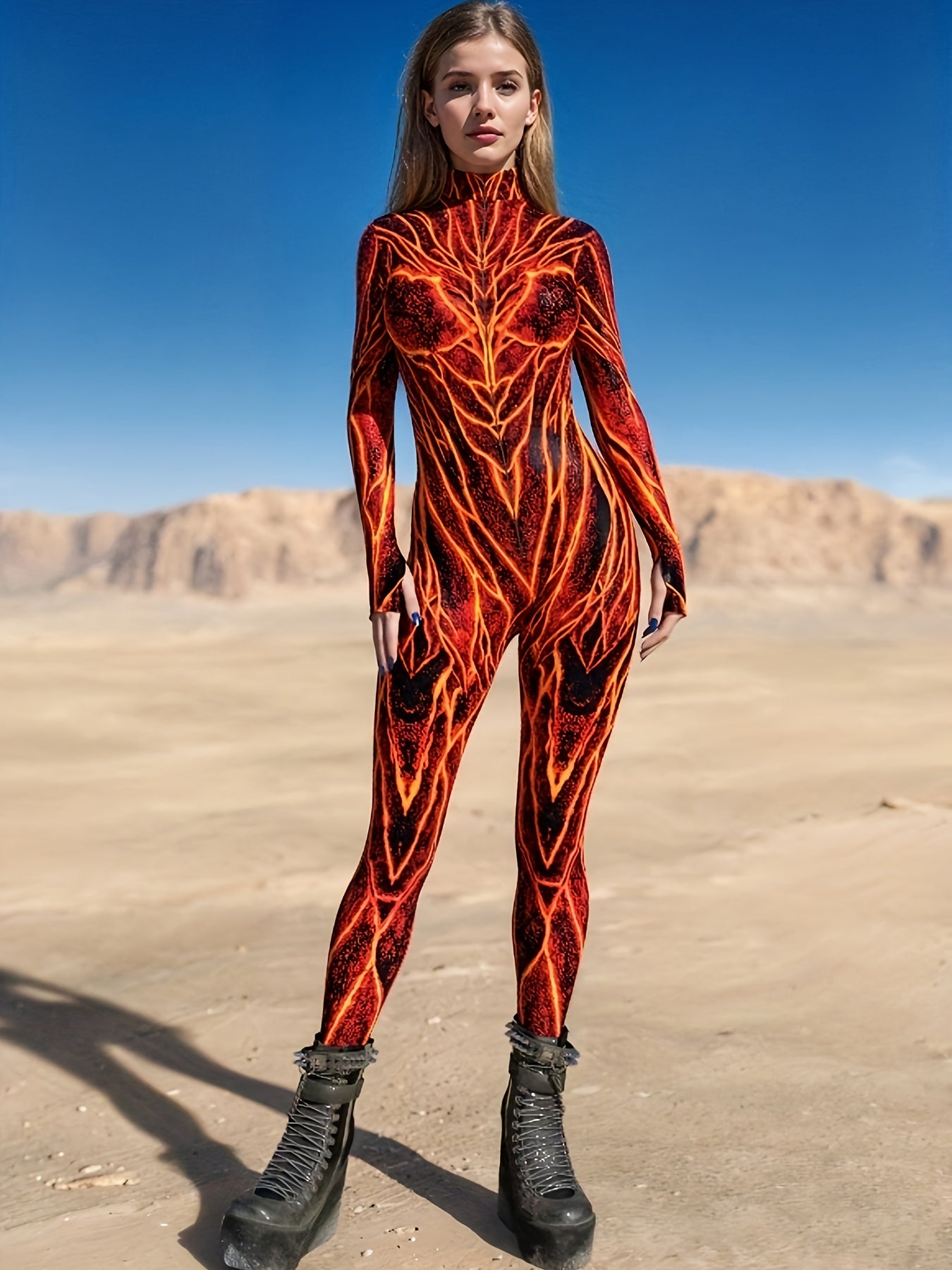 [Fire & Flame Print Bodysuit] Stretchy Polyester Blend, Women's Fire & Flame Print Bodysuit - Sexy High Neck Long Sleeve Jumpsuit with Geometric Pattern, Machine Washable, All-Season Wear, Fire Jumpsuit, Summer Fashion, Bold