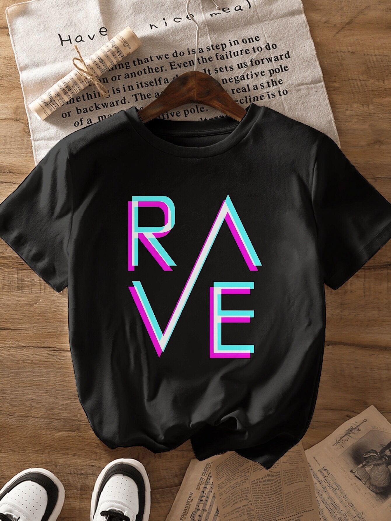 Women's Slim Fit RAVE Graphic T-Shirt - White Casual Short Sleeve Round Neck Polyester Top with Vibrant Pink & Blue Lettering, Machine Washable for Casual Attire & Parties, Party Outfit, Modern Aesthetic, Smooth Texture
