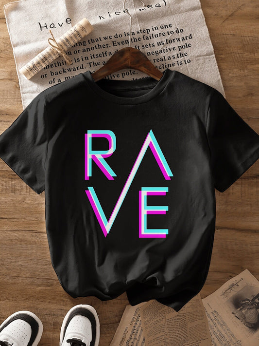 Women's Slim Fit RAVE Graphic T-Shirt - White Casual Short Sleeve Round Neck Polyester Top with Vibrant Pink & Blue Lettering, Machine Washable for Casual Attire & Parties, Party Outfit, Modern Aesthetic, Smooth Texture