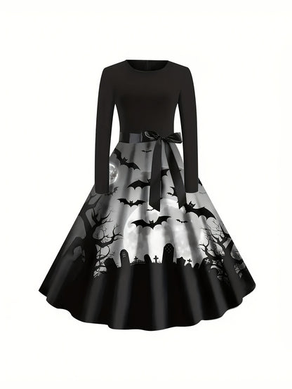 [Halloween, Festive Wear] Women's Vintage Halloween Party Dress - Long Sleeve A-Line Costume with flared Shirt, Machine Washable Non-See-Through Fabric, Elegant Gothic Halloween Outfit for Halloween Parties, Haunted Houses, T